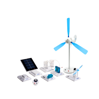 lab equipment spread out on table showcasing wind turbine and solar panel