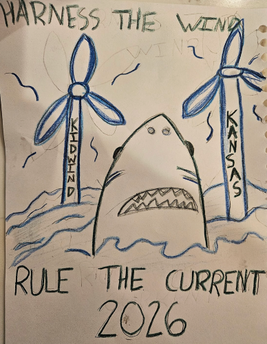 Drawing of Shark coming out of water with wind turbines in background. Included words: "Harness the Wind. Rule the Current. 2026"