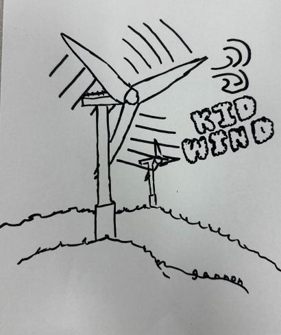 Drawing of wind turbines with words: KidWind