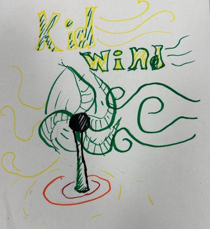 Drawing of wind turbine with words: KidWind