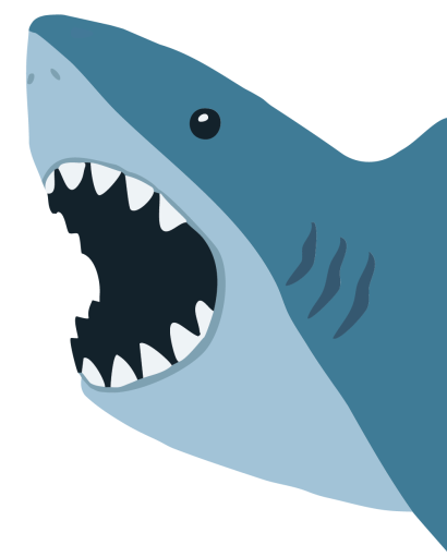 Cartoon shark with mouth open coming from right-side of screen